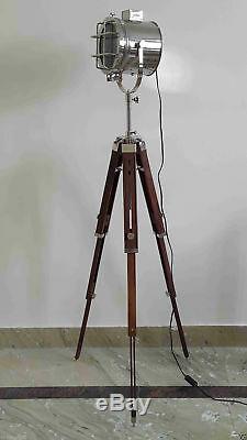 Vintage Spotlight With Wooden Tripod Stand Electric Floor Lamp Decor