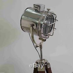 Vintage Spotlight With Wooden Tripod Stand Electric Floor Lamp Decor