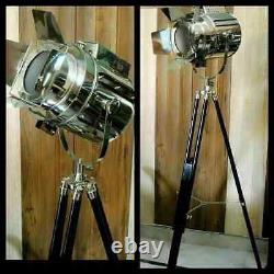 Vintage Spotlight Wooden Tripod Stand Nautical Chrome Industrial Searchlight