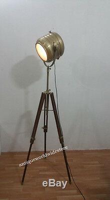 Vintage Spotlight with Brown Wooden Tripod Stand Floor Spot Light