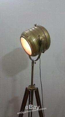Vintage Spotlight with Brown Wooden Tripod Stand Floor Spot Light