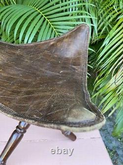 Vintage Stiles Brothers Crocodile Leather Wood Tripod Folding Stool Chair Safari