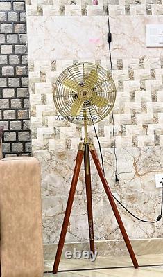 Vintage Style Antique Finish Brass Electric Fan With Wooden Tripod Best Gift