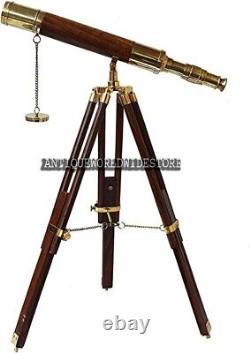 Vintage Style Antique Telescopes Brass Finish Adjustable Brown Wooden Tripod