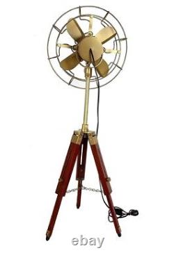 Vintage Style Brass Antique Electric Pedestal Fan With Wooden Tripod Stand gift