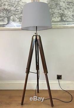Vintage Style Dark Wood Antique Brass Tripod Floor Lamp Light