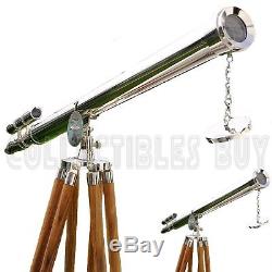 Vintage Style Double Barrel Chrome Scope Wooden Tripod Nautical Telescope Item