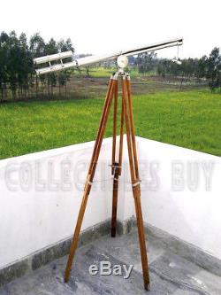 Vintage Style Double Barrel Chrome Scope Wooden Tripod Nautical Telescope Item