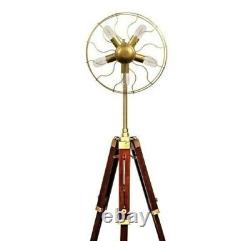 Vintage Style Fan Light Brass Floor Lamp With Wooden Adjustable Tripod Stand Mod