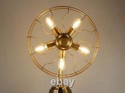 Vintage Style Fan Light Brass Floor Lamp With Wooden Adjustable Tripod Stand Mod