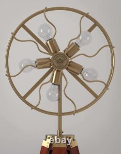 Vintage Style Fan Light Brass Floor Lamp with Wooden Adjustable Tripod Stand