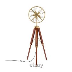 Vintage Style Fan Light Brass Floor Lamp with Wooden Adjustable Tripod Stand