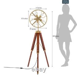 Vintage Style Fan Light Brass Floor Lamp with Wooden Adjustable Tripod Stand