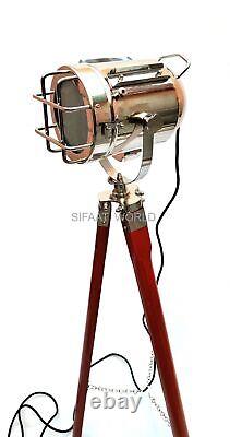 Vintage Style Marine Floor Standing Lamp Spotlight with Wooden Tripod, Home Decor