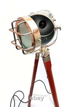 Vintage Style Marine Floor Standing Lamp Spotlight with Wooden Tripod, Home Decor