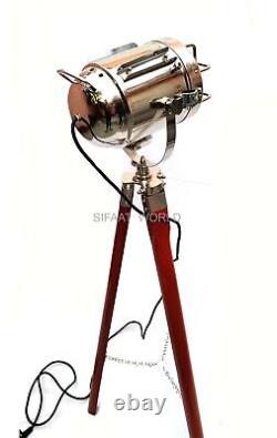 Vintage Style Marine Floor Standing Lamp Spotlight with Wooden Tripod, Home Decor