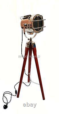 Vintage Style Marine Floor Standing Lamp Spotlight with Wooden Tripod, Home Decor