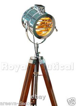 Vintage Style Spot light Searchlight Wooden Tripod Floor Lamp Lighting USED