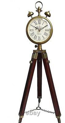 Vintage Style Wooden & Brass Metal Clock With Tripod Stand For Decoration 45 In