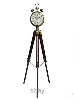 Vintage Style Wooden & Brass Metal Clock With Tripod Stand For Decoration 45 In