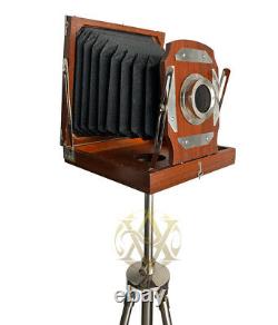 Vintage Style Wooden Camera on Tripod Antique Collectible Table Top Home Décor