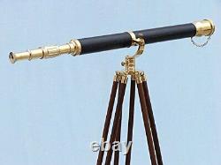 Vintage TELESCOPE 42 Inch Marine Black Leather Spyglass With Wooden Tripod Stand