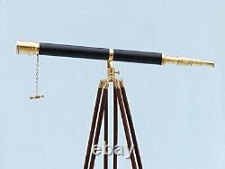 Vintage TELESCOPE 42 Inch Marine Black Leather Spyglass With Wooden Tripod Stand