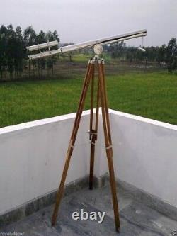Vintage Telescope maritime Brass Nickel Finish with Wooden Nautical Tripod Stand