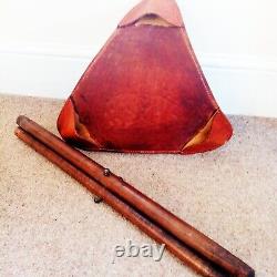 Vintage Tooled Leather Top Triangular Stool, Teak Wooden Turned Tripod Supports