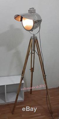 Vintage Traffic Searchlight Floor Lamp With Teak Wooden Tripod Stand Signal Light