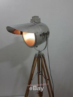 Vintage Traffic Searchlight Floor Lamp With Teak Wooden Tripod Stand Signal Light