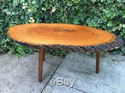 Vintage Tree Slice Slab Live edge Wood Coffee Table Retro 1970s Tripod Legs