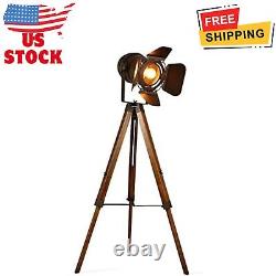 Vintage Tripod Floor Lamp, Height Adjustable Wooden Camera Tripod