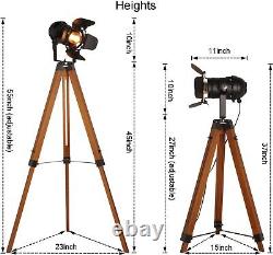 Vintage Tripod Floor Lamp, Height Adjustable Wooden Camera Tripod