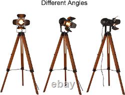 Vintage Tripod Floor Lamp, Height Adjustable Wooden Camera Tripod Rotatable Spot