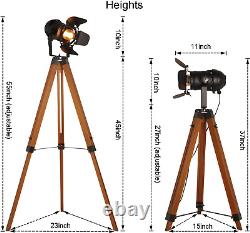 Vintage Tripod Floor Lamp, Height Adjustable Wooden Camera Tripod Rotatable Spot