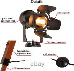 Vintage Tripod Floor Lamp, Height Adjustable Wooden Camera Tripod Rotatable Spot