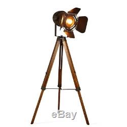 Vintage Tripod Floor Lamp, Nautical Retro Spotlight, Industrial Decor Wooden Light