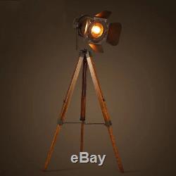 Vintage Tripod Floor Lamp, Nautical Retro Spotlight, Industrial Decor Wooden Light