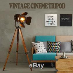 Vintage Tripod Floor Lamp, Nautical Retro Spotlight, Industrial Decor Wooden Light