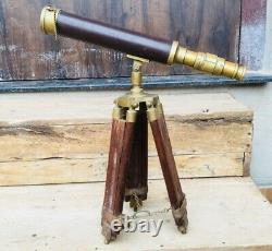 Vintage Tripod Floor Standing Nautical Brass Wooden Made Telescope Rare