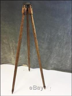 Vintage WOOD TRIPOD heavy carved wooden 4' light stand rustic transit industrial