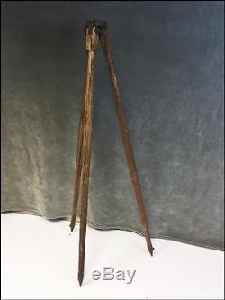 Vintage WOOD TRIPOD heavy carved wooden 4' light stand rustic transit industrial
