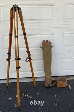 Vintage Wood Tripod Camera Surveyors Transit With Canvas Leather Carrying Case