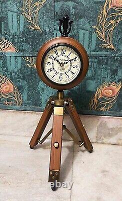 Vintage Wooden Brass Table Desk Clock With Tripod Home & Office Decor Nautical