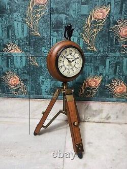 Vintage Wooden Brass Table Desk Clock With Tripod Home & Office Decor Nautical