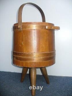 Vintage Wooden Bucket 3-Leg Tripod Handle Divided center RARE