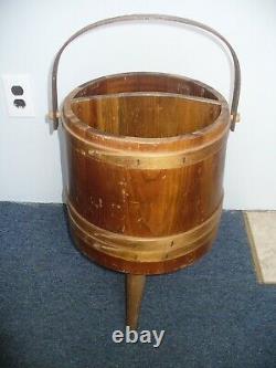 Vintage Wooden Bucket 3-Leg Tripod Handle Divided center RARE