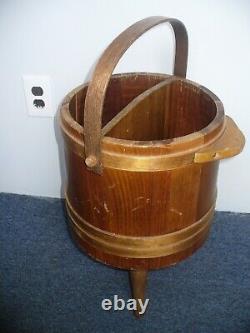 Vintage Wooden Bucket 3-Leg Tripod Handle Divided center RARE