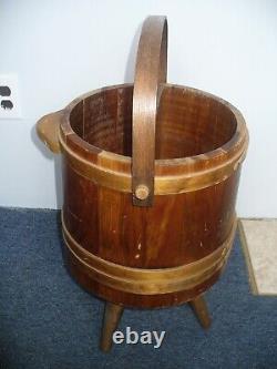 Vintage Wooden Bucket 3-Leg Tripod Handle Divided center RARE